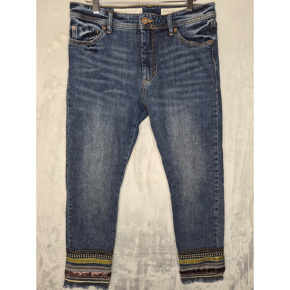 Pilcro Anthropologie Jeans Womens 26 Slim Straight Embroidered Boho Crop Denim